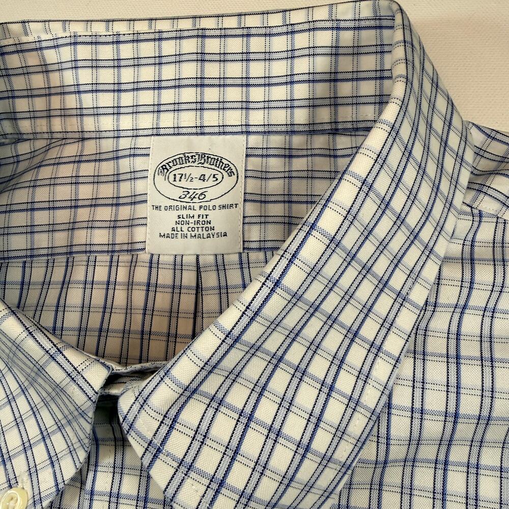Brooks Brothers 346 Shirt Mens 17.5 34/35 XL Slim Fit Blue Plaid Non Iron
